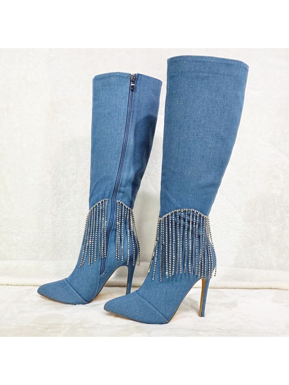 Sway Denim Knee High Boots Stiletto Heels Icicle Fringe